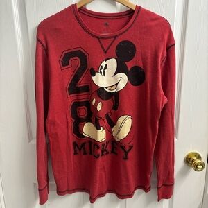 Disney Thermal Long Sleeve Top Large Mickey Mouse Retro Red Waffle Knit